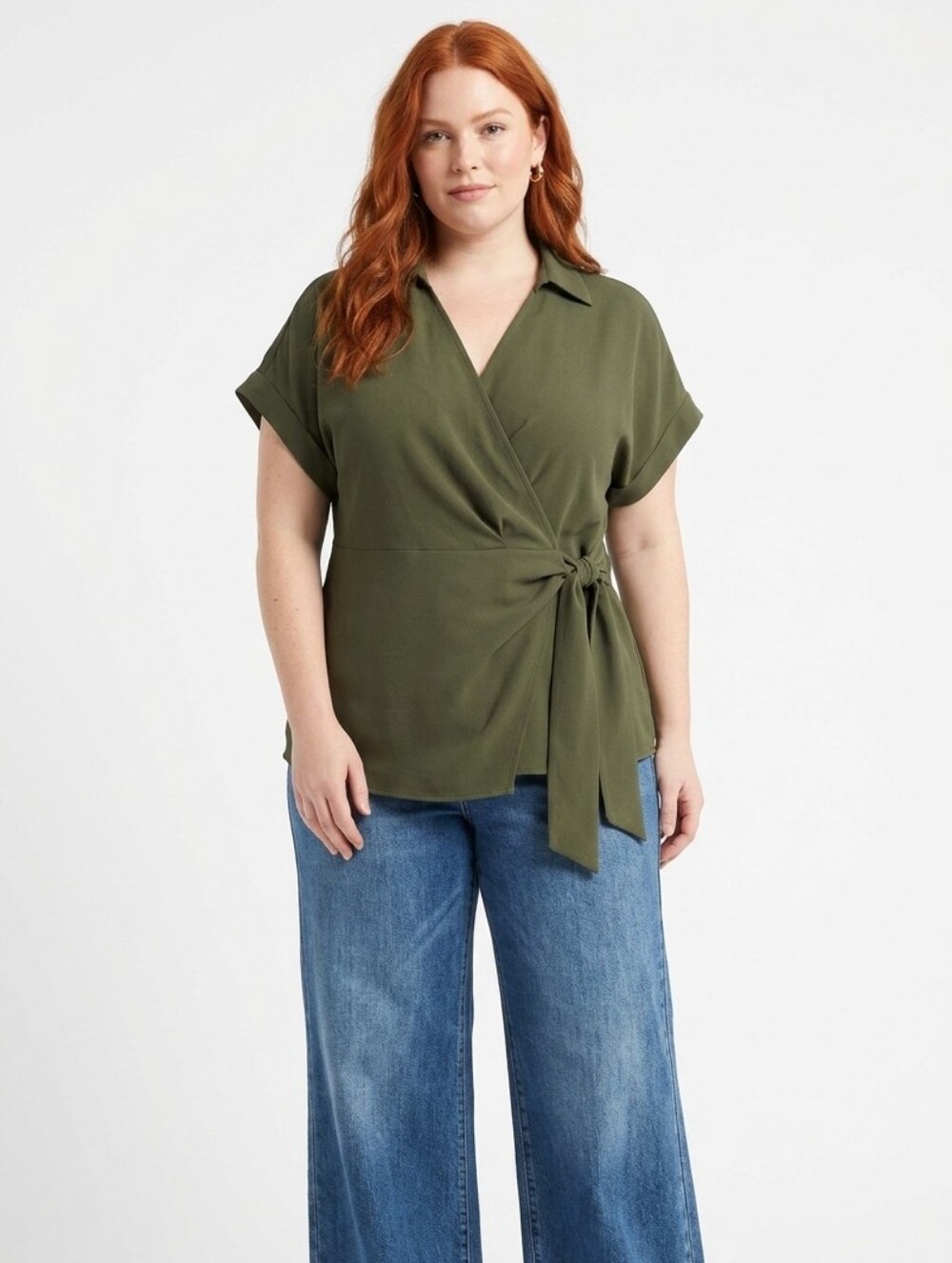 2/$20 2X Olive Green Tie-Waist Blouse Tunic Wrap Top